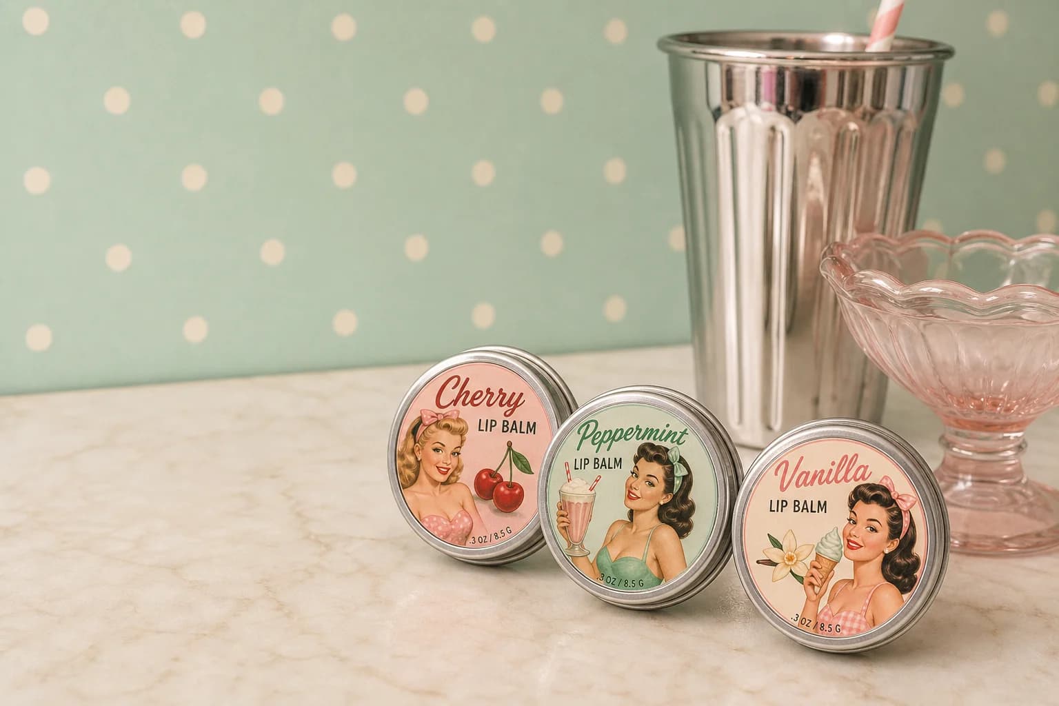 Sugar Kisses balm tins on a cream soda-fountain counter